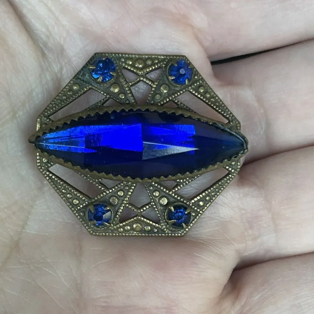 Antique Art Deco Antiqued Bronze Blue Glass Rhinestone Pin Brooch C Clasp